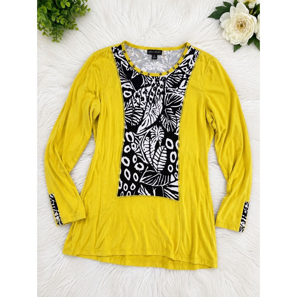Multiples Women’s Yellow Black White Abstract Print Long Sleeve Tunic Top Size S